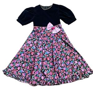 Vintage Peaches ‘n Cream Crushed Velvet Puff Sleeve Floral Dress—Girl’s 14